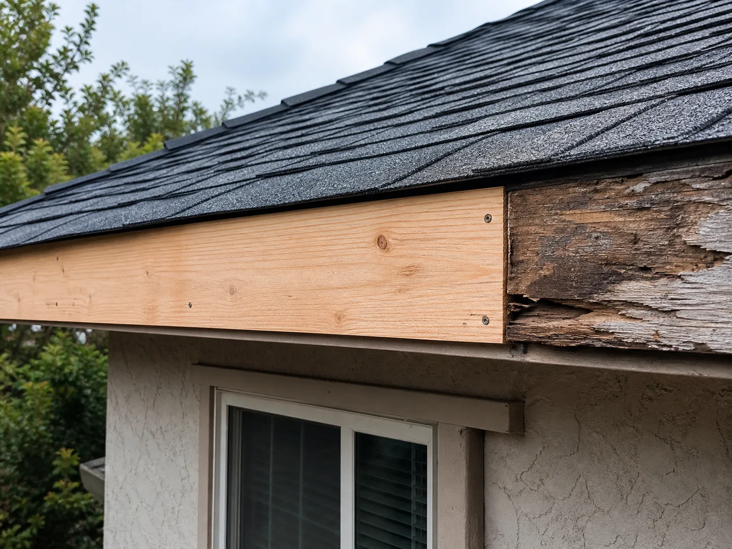 Dry rot correction at a residential roof edge
